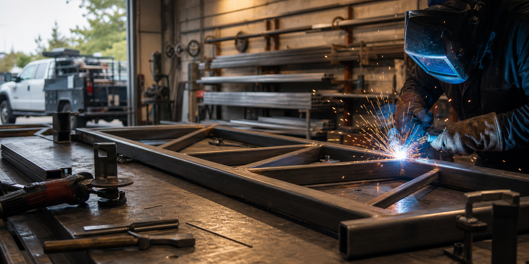 Welder fabricating a steel frame in a professional shop